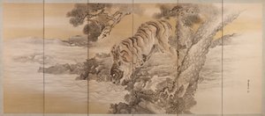 Seksfoldet skærm forestillende en drikkende tiger, 1749-1838