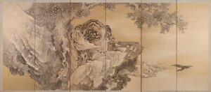 Seksfoldet skærm, der forestiller en brølende tiger, 1749-1838