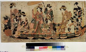 Beundre kirsebærblomsterne (Hanami) (Cherry Blossom Viewing, Hanami). Tryk af Kitagawa Utamaro II (?-1831). Farveætsning, 37 x 76 cm. østlig kunst. Pushkin Museum, Moskva