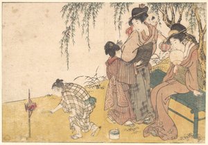 Et barn, der tænder fyrværkeri, fra den illustrerede bog »Blomster i de fire årstider« af Kitagawa Utamaro