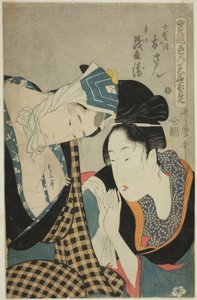 En prøve på dygtighed - kærlighedens kildevæld (Jitsu kurabe iro no minakami): Osan og Mohei (farvetræsnit; oban) af Kitagawa Utamaro