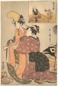 En kvinde klæder en pige på til kabuki-dansen „Musume Dōjōji“ med et „broderbillede“ (E-kyōdai) af en abetræner af Kitagawa Utamaro