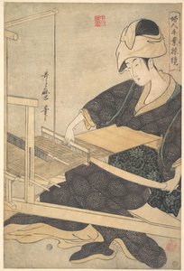 En kvinde, der væver, siddende ved en håndvæv af Kitagawa Utamaro