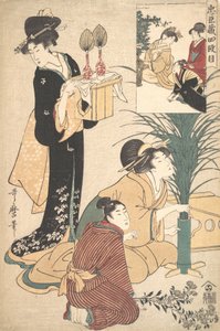 En kvinde og en mand arrangerer blomster til Tsukimi Moon Festival, 1802. af Kitagawa Utamaro