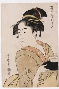 Et busteportræt af servitrice Okita fra Naniwaya Teahouse af Kitagawa Utamaro