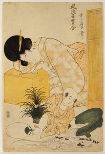 En mor, der døser, mens hendes barn vælter en fiskeskål, fra serien "Comparison of Fashionable Children" af Kitagawa Utamaro