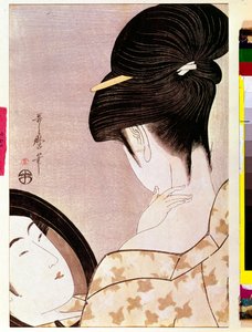 En kvinde, der forstærker sin hals med japansk skyggetryk af Utamaro Kitagawa (1753-1806) - Søn 0,37x0,22 m - 1795-1796 - Paris, Musee Guimet, Musee national des Arts Asian af Kitagawa Utamaro