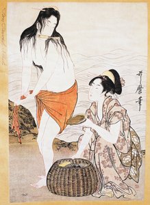 Awabi (bløddyr) fiskere i vand, ukiyo-e kunsttryk af Kitagawa Utamaro (1753-1806), træsnit, japansk civilisation, Edo-periode af Kitagawa Utamaro