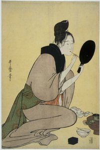 Bijin-ga. Pige lægger makeup på sine læber af Kitagawa Utamaro