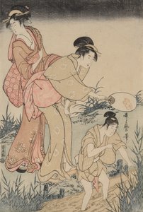 At fange ildfluer under et piletræ (til højre) af Kitagawa Utamaro