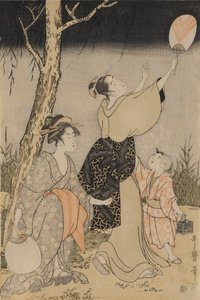 At fange ildfluer under et piletræ til venstre, ca. 1796-1797. af Kitagawa Utamaro