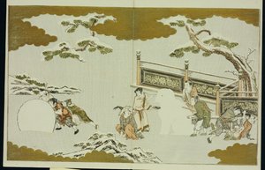 Børn laver en sne-shishi og ruller en snebold fra "The Silver World" af Kitagawa Utamaro