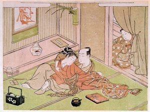 Par, der kærtegner sig under blikket af det japanske håndmain-tryk af Utamaro Kitagawa (1753-1806). 1700-tallet. Paris, Guimet-museet, Nationalmuseet for asiatisk kunst af Kitagawa Utamaro