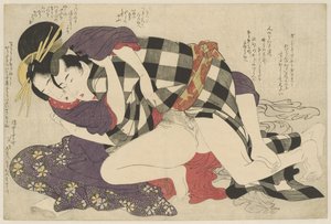 Courtesane med en klient Hoogeplaatste courtisane met klant Negai no itoguchi (serietitel) af Kitagawa Utamaro