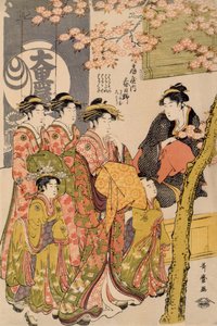 Courtesaner, der slentrer under kirsebærtræer før Daiko, ca. 1789 (oban tate-e træbloktryk, farve på papir) (detaljer fra 203664) af Kitagawa Utamaro