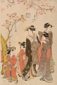 Courtesaner slentrer under kirsebærtræer, ca. 1789 (træbloktryk) (detaljer fra 203664) af Kitagawa Utamaro