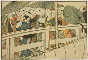Crossing a Bridge in Summer, fra den illustrerede bog "Picture Book: Flowers of the Four Seasons (Ehon shiki no hana)," vol. 1 af Kitagawa Utamaro