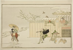 Levering af nytårsgaver i sneen fra den illustrerede kyoka-antologi "The Young God Ebisu (Waka Ebisu)" af Kitagawa Utamaro