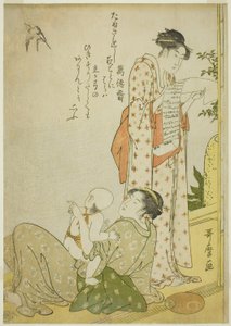 Ensaki no Yusuzumi: Genres Senes med Kyoka-digte, i Aiban-format Carri Aiban Fuzokuzu) af Kitagawa Utamaro