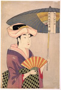 Femme tenant un parasol - Woman Holding Up a Parasol, fra serien Ten Types in the Physiognomic Study of Women par Utamaro, Kitagawa (1753-1806), ca. 1793 - Farvetræsnit, 38,1x25,7 - Privat samling af Kitagawa Utamaro