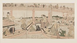 Fiskerbåde med net under Ry?goku-broen (tryk i farvet træblok) af Kitagawa Utamaro