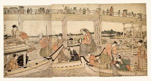 Fiskerbåde med net under Ryōgoku-broen af Kitagawa Utamaro