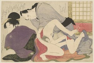 Geisha og elsker ved fritstående foldeskærm Negai no itoguchi (serietitel) af Kitagawa Utamaro