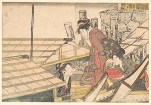 Piger, der går om bord på en båd, fra den illustrerede bog »Årets fire årstider« af Kitagawa Utamaro