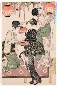 Unge piger fra et japansk tehus hængende lanterner fra et blåregn - Tryk af Kitagawa Utamaro (1753-1806), ca. 1795, linosnit - Teahouse-piger under en blåregn - Farve linosnit af Kitagawa Utamaro (1753-1806) , ca1 af Kitagawa Utamaro