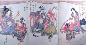 Kintaro, Urashimataro og Momotaro, fra triptykonet "Sæt med tre sakebægre til den første måned (Tarozuki mitsugumi sakazuki)" af Kitagawa Utamaro