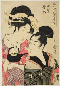 Komurasaki og Gonpachi, fra serien "Fashonable Patterns in Utamaro Style (Ryuko moyo Utamaro-gata)", ca. 1798-99 (farvetræsnit; oban) af Kitagawa Utamaro