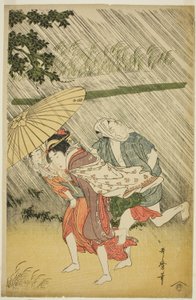 Lovers under an Paraply, ca. 1797 (træbloktryk i farver; oban) af Kitagawa Utamaro