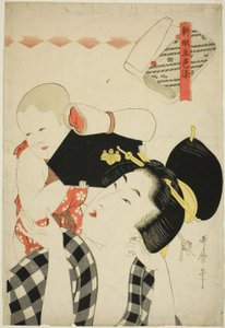 Mor og barn, fra serien "New Patterns dyed in Five Colors (Shingata goshiki zome)" af Kitagawa Utamaro