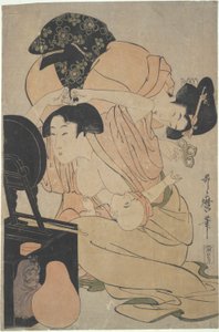 Mor med ammende baby og ledsager af Kitagawa Utamaro