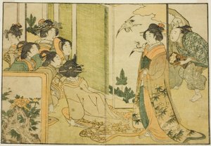Nytårsmanzai-forestilling i en feudalherres palæ, fra den illustrerede bog "Picture Book: Blomster i de fire årstider (Ehon shiki no hana)", vol. 1 af Kitagawa Utamaro