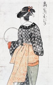 Ohisa fra Takashima Teahouse, Woman Inkimono With Fan, Ukiyoe Art Print af Kitagawa Utamaro (1753-1806) Zachion, Ed Perio d af Kitagawa Utamaro