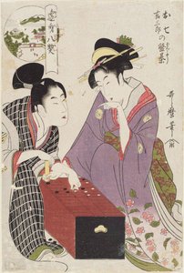Skubbet landplan d Base Saburo Atte er øjenborede rd Oshichi Base Saburos bestyrelse, 1800 af Kitagawa Utamaro