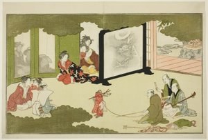 Opførelse af en trænet abe fra en illustreret poesiantologi med titlen "The Young God Ebisu (Waka Ebisu)" af Kitagawa Utamaro