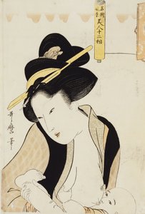 Portræt af en mor, der ammer sit barn, fra serien "Twelve Types of Beautiful Woman with Landscapes of Famous Places" af Kitagawa Utamaro