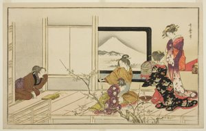 Tilberedning af mad til en nattergal, fra den illustrerede kyoka-antologi "Mænds stammedans (Otoko toka)" af Kitagawa Utamaro