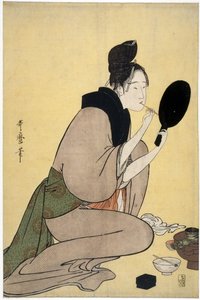 Om skønhed: kvinde, der udgør hendes læber - Bijin-ga. Pige lægger makeup på sine læber af Utamaro, Kitagawa (1753-1806), - Farvet træsnit, 37,7x25,2 - Privat samling af Kitagawa Utamaro