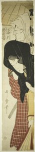 Kurtisanen Umegawa og Chubei fra kurertjenesten (Umegawa, Chubei), ca. 1797 (farvet træbloktryk, hashira-e) af Kitagawa Utamaro