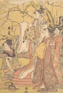 Oiran Hinazuru fra Chojiya stod på en bunke med futon, ca. 1794. af Kitagawa Utamaro