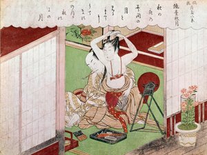 Toilettet for det elegante japanske tryk af Utamaro Kitagawa (1753-1806). Sol. 0,38x0,25 m. 1794-1795. Paris, Guimet Museum, National Museum of Asian Arts af Kitagawa Utamaro