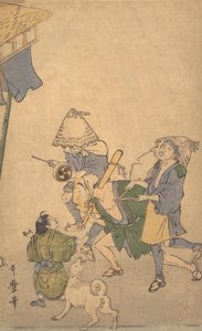 Tre revelers af de lavere klasser, iført Komuso-hatte..., slutningen af det 18.-begyndelsen af det 19. århundrede. af Kitagawa Utamaro