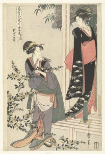 To kvinder ved en blomstrende yamabuki-busk: anden akt. Nidanme (titel på objekt) Parodi på Chushingura af berømte skønheder. (serietitel) Komei bijin mitate Chushingura (serietitel på objekt) af Kitagawa Utamaro