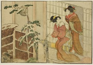 Two Women on Verandah on a Snowy Morning, fra den illustrerede bog "Picture Book: Flowers of the Four Seasons (Ehon shiki no hana)," vol. 2 af Kitagawa Utamaro