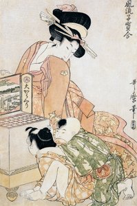 To børn kigger ind i stor optisk boks af Kitagawa Utamaro