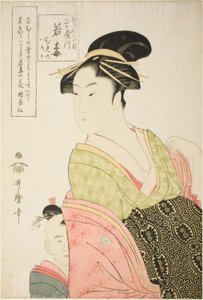Wakaume fra Tamaya i Edo-cho itchome, og hendes børnepassagerer Mumeno og Iroka (Edo-cho itchome, Tamaya uchi Wakaume Mumeno Iroka) af Kitagawa Utamaro