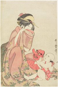 Kvinde, der leger med et barn iført en tengu-maske af Kitagawa Utamaro